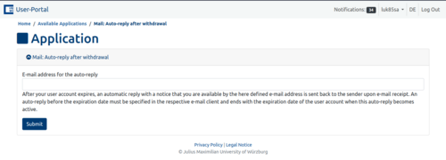 Screenshot of the User Portal Application to define an e-mail address for auto-reply after university withdrawal.