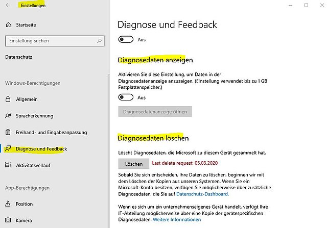Abbildung der Optionen in Windows 10 zum Löschen der Diagnosedaten.